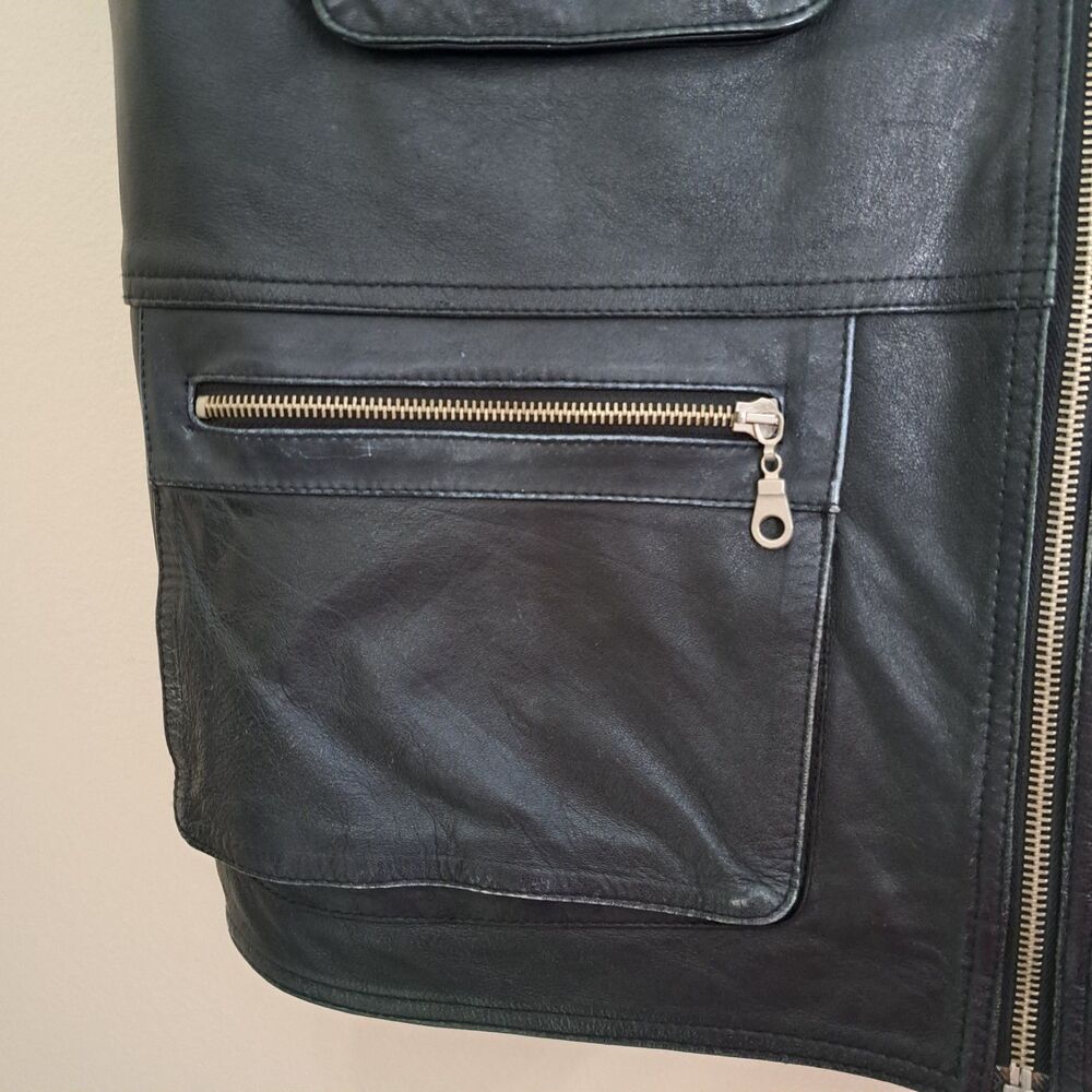 Men's Black Leather Zip Front Vest - Classic Utility Style - Picture 4 of 16